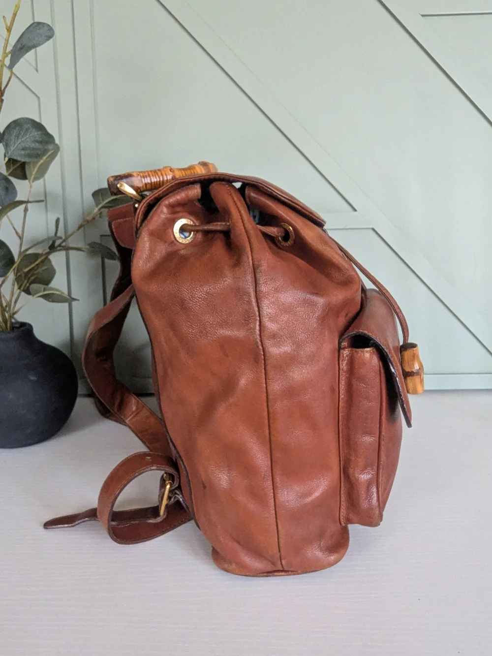 Gucci Cognac Leather Bamboo-Handle Backpack